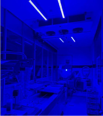 Spectral Blue technology in use at the Metzgerei Künzli production facilities, illuminating a space in blue light
