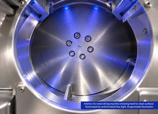 Illustration of meat processing machine illuminated with antimicrobial blue light - AI generated